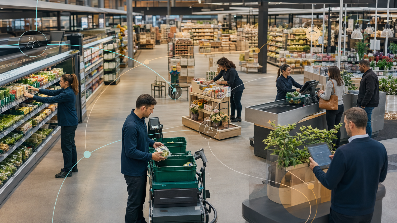 Colleagues carrying out replenishment, online order picking, checkout and merchandising activities in a modern supermarket, connected by subtle planning lines.