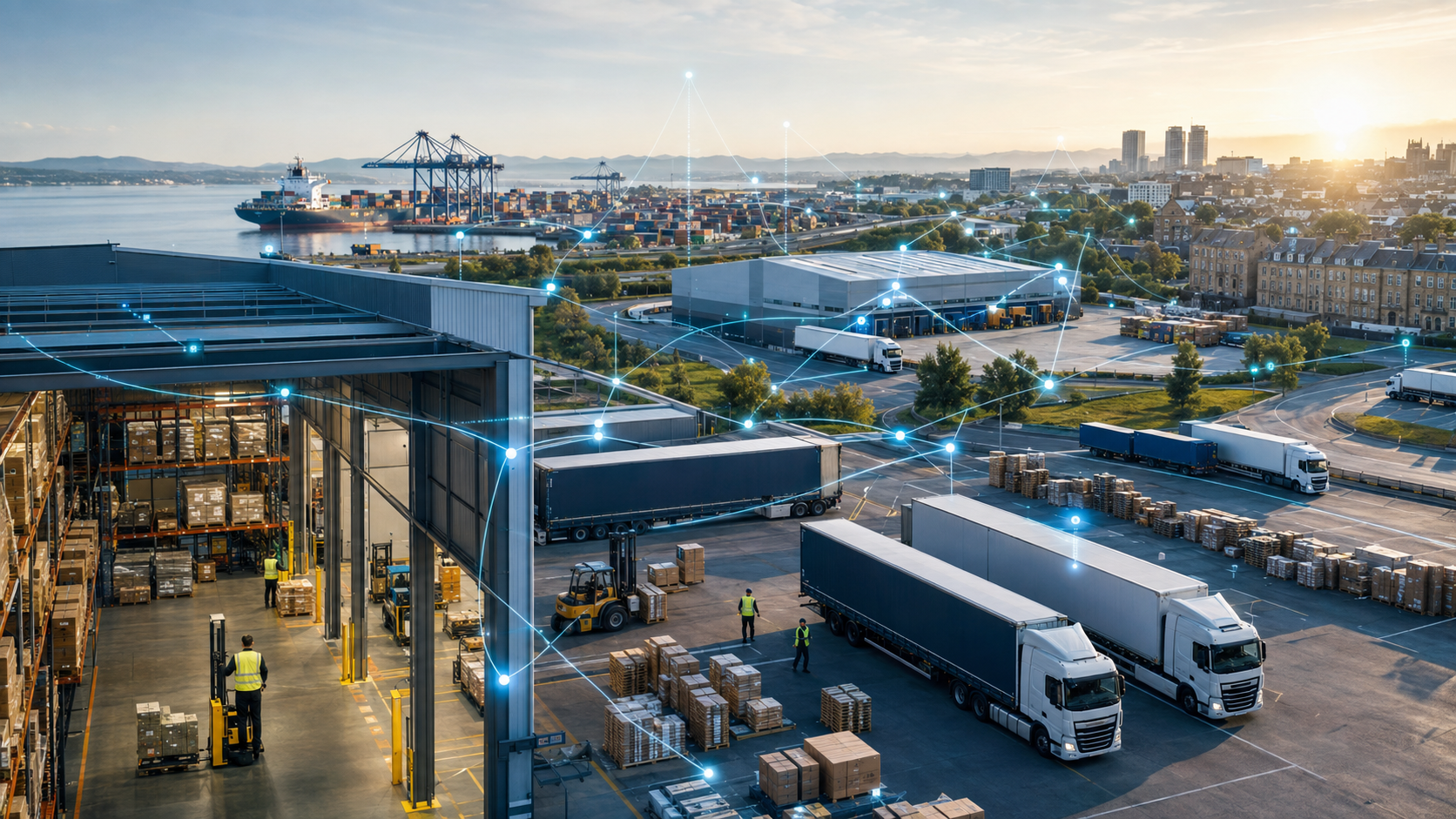 A distribution centre, lorries, warehouses and a container port linked by a subtle digital network representing a continuously updated logistics digital twin.