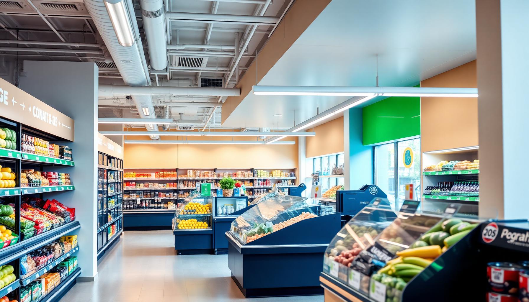 Bright interior of a modern convenience store with fresh produce and neatly arranged shelves