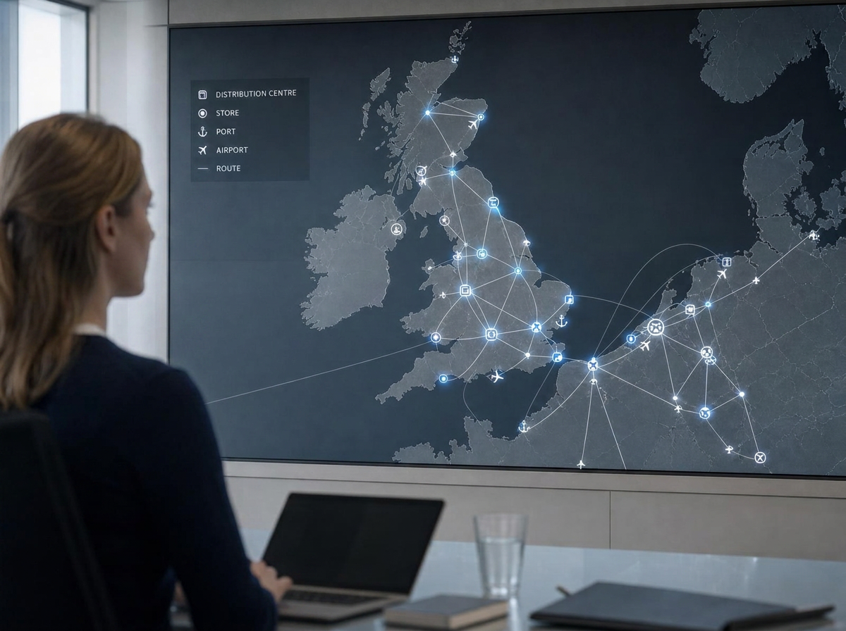 Strategic UK and European logistics network map with distribution centres, stores and routes